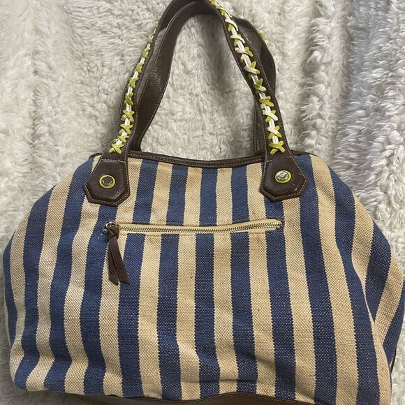 Big Buddha navy Blue &Beige stripes Fabric Large Tote Bag synthetic brown straps - Picture 6 of 16